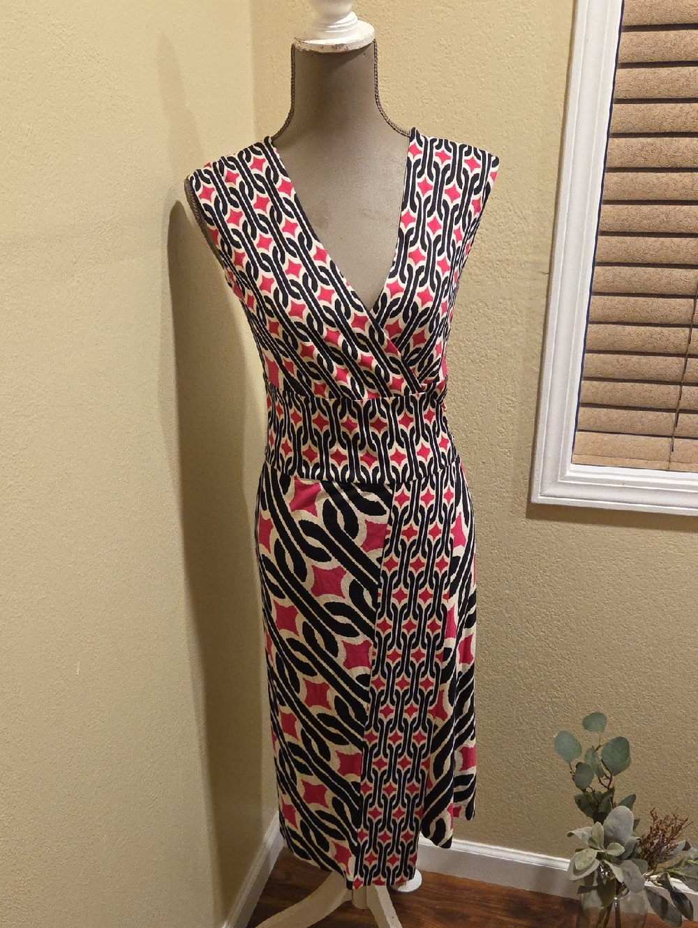Diane Von Furstenberg Pink Black & Cream Patterned Midi Wrap Dress